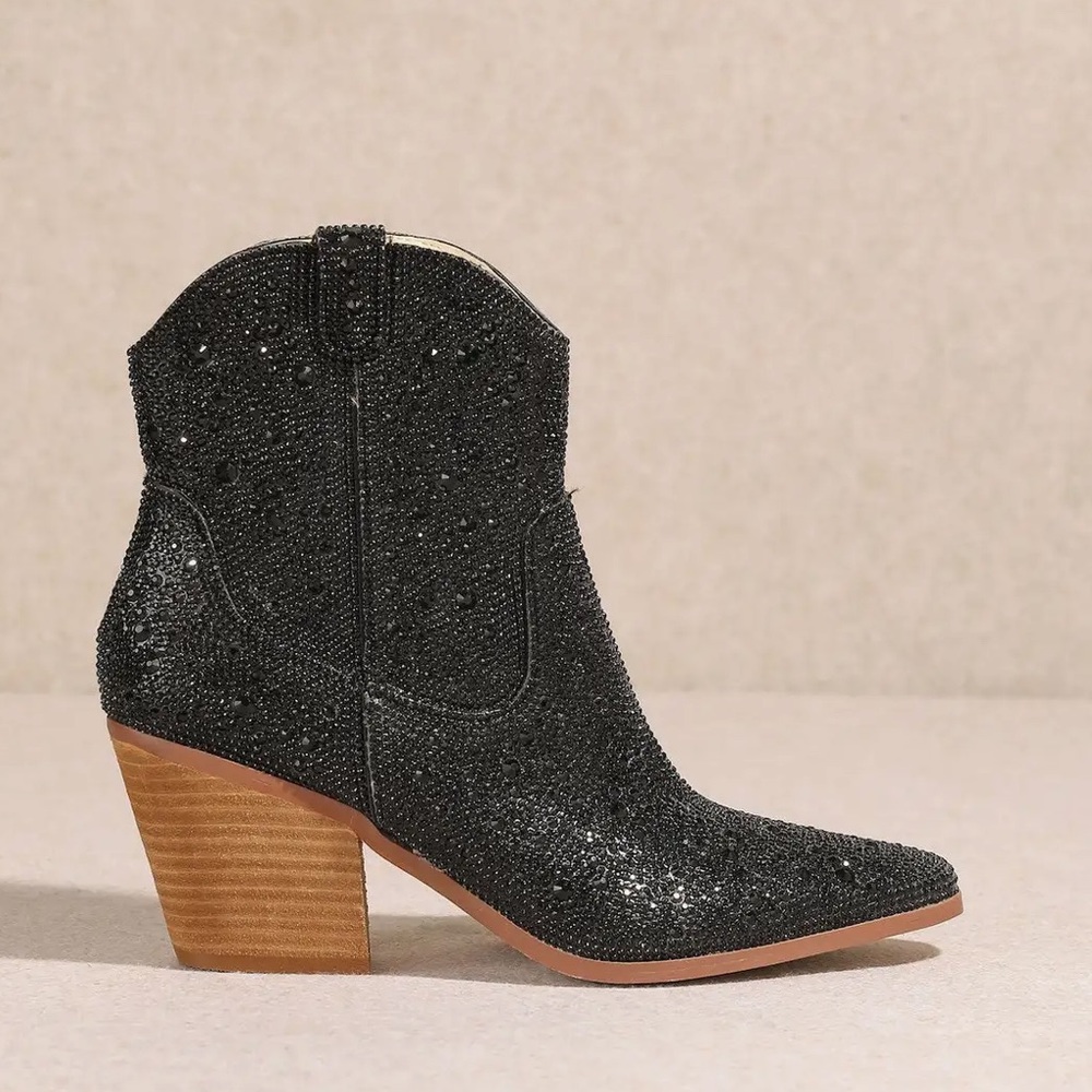 One Left! MIIM ANGEL KISSES Black Rhinestone Embellished Ankle Western Boots - Picture 2 of 6